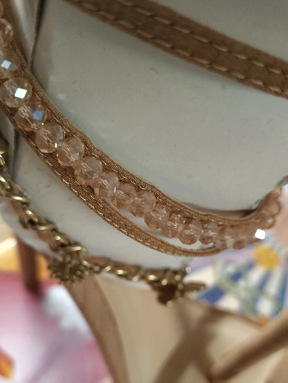 Anne Michelle Nude Heeled Sandals with Gold Chain & Crystal Trim